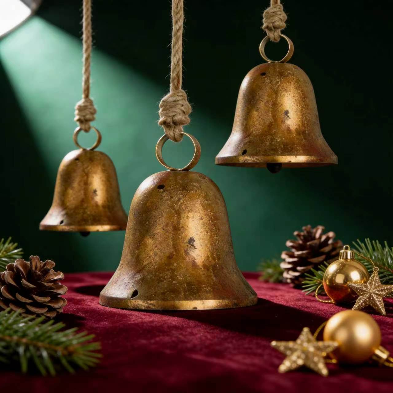 Christmas hot-selling hanging decoration: 3-piece set of vintage handmade Christmas bells with a metal distressed finish