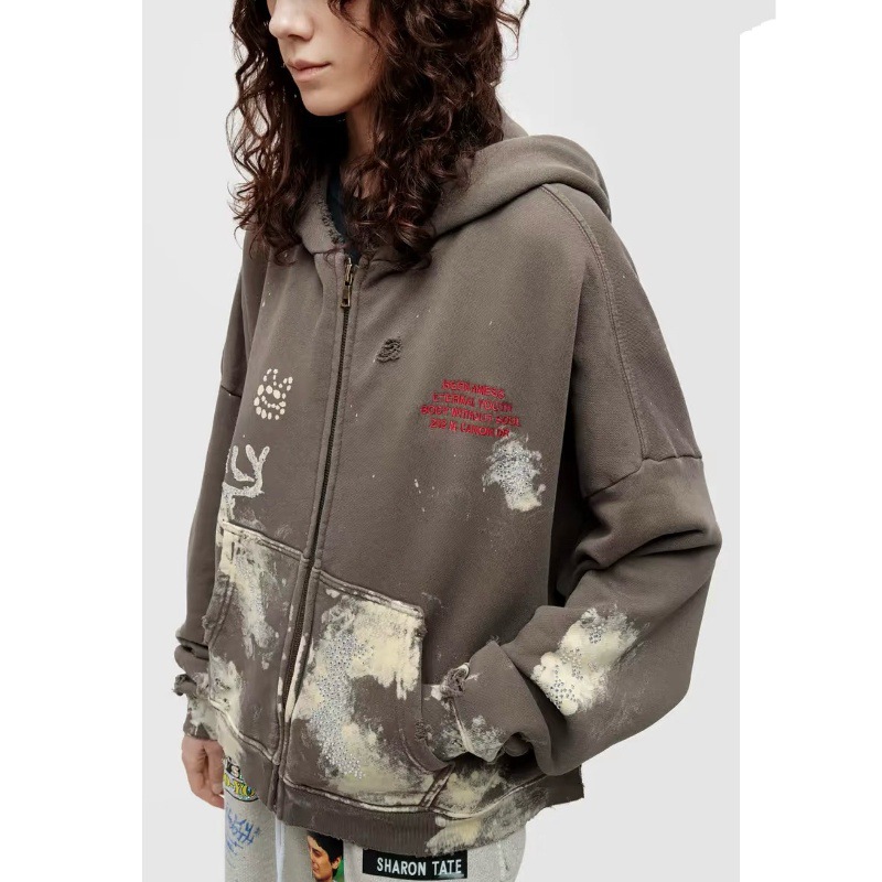 Paly Hollywood rhinestone-studded distressed hooded zip-up sweatshirt, loose fit, ripped design, vintage style, autumn