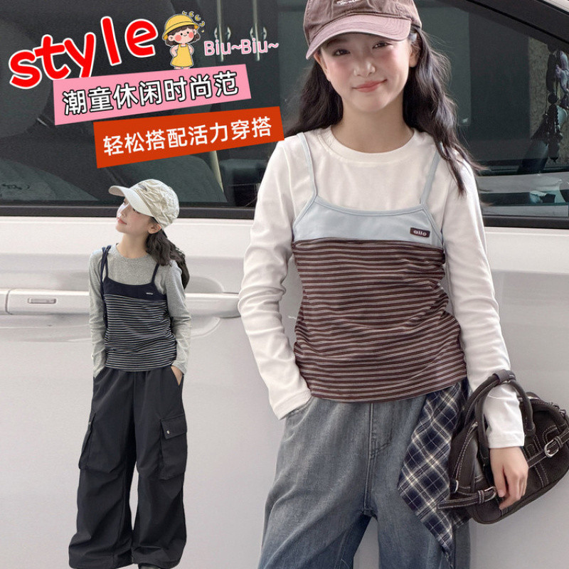 Zhili children's clothing, girls' 2026 autumn new striped faux two-piece base layer shirt, medium and large children's spring and autumn long-sleeved T-shirt