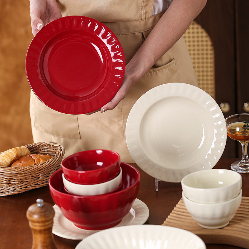 新婚新居高級赤い陶器食器と食器セットボウル家庭用ボウル個人用ディナープレートインスタントラーメンボウル|undefined
