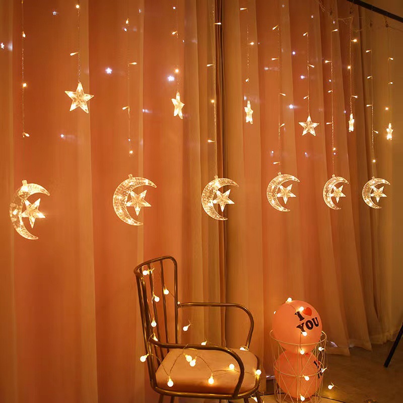 Suministro directo de fábrica LED Cadena de luz Luna celebración estrella cortina luz vacaciones habitación diseño decorativo luz estrellada cielo plug-in color luz