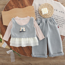 女童时尚秋款套装2025新款女宝宝洋气长袖卡通熊头牛仔马甲三件套