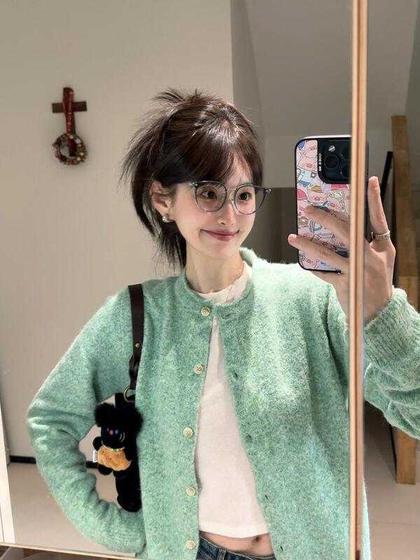 法式气质薄荷绿卷边针织开衫毛衣外套女春秋软糯绿色上衣早春外搭|undefined