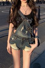 美式复古做旧破洞高腰辣妹牛仔背带短裤女小个子显瘦直筒连体裤潮
