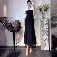 2024夏季新款女装设计感黑白撞色名媛气质优雅连衣裙修身鱼尾长裙