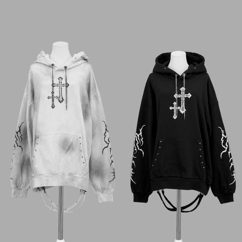 Japanese-Style Autumn and Winter Y2K Subculture Gothic Dark Style Cross Print Street Popular Loose Hooded Sweatshirt