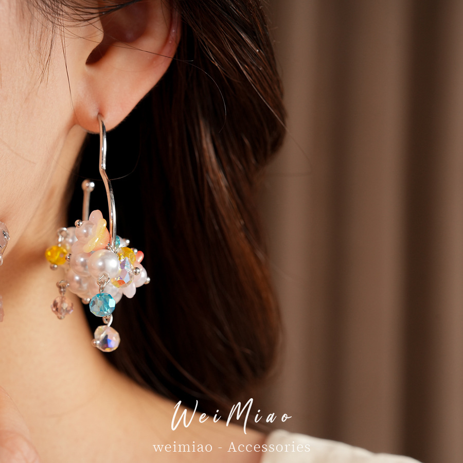 Ramas de flores coloridas ~ flores de aguja de plata bordas perlas aretes de moda de estilo dulce aretes de lujo ligero de alta calidad aretes para mujeres