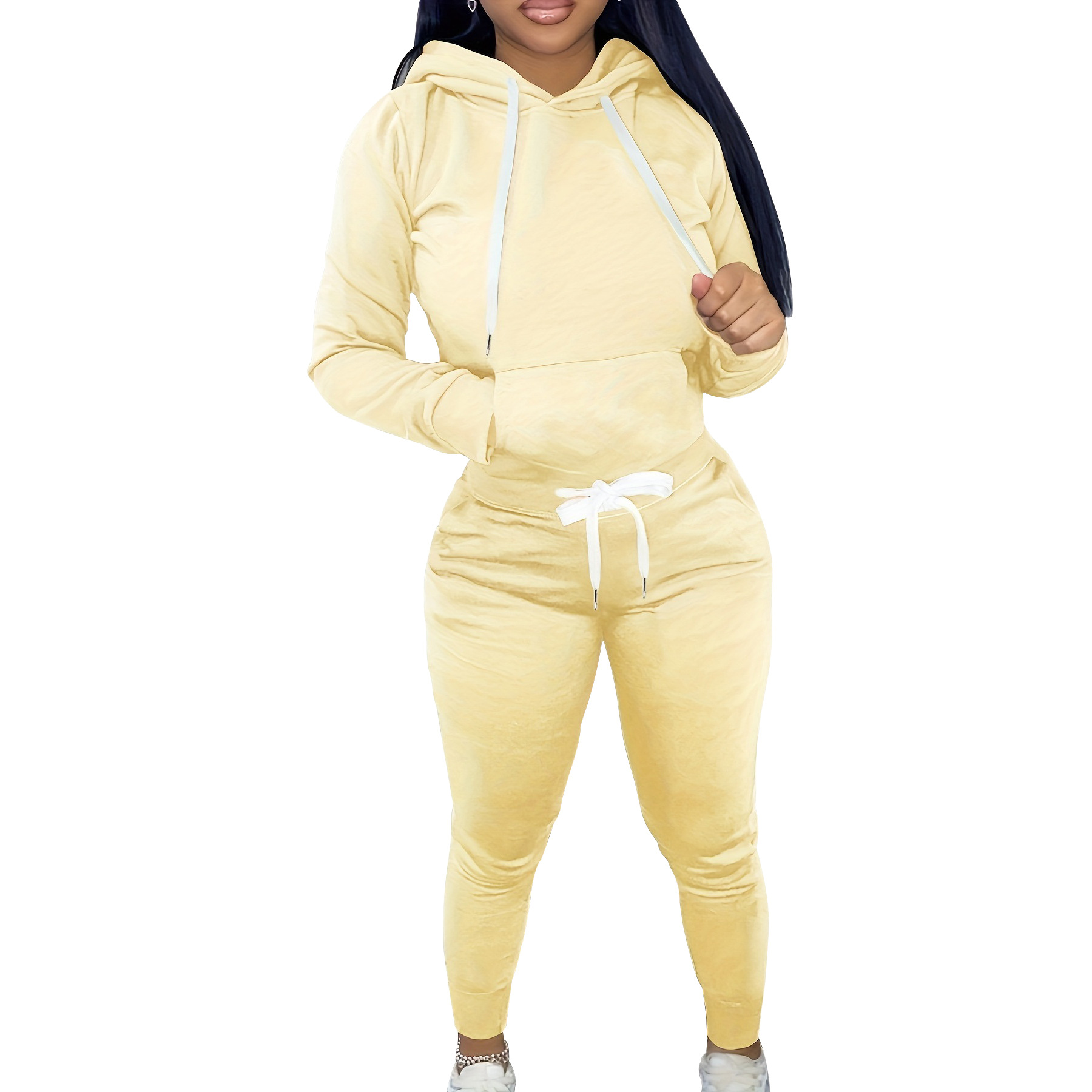 Dames herfstmode dames commuter effen kleur top slanke broek met capuchon, casual tweedelig pak_voghion.com