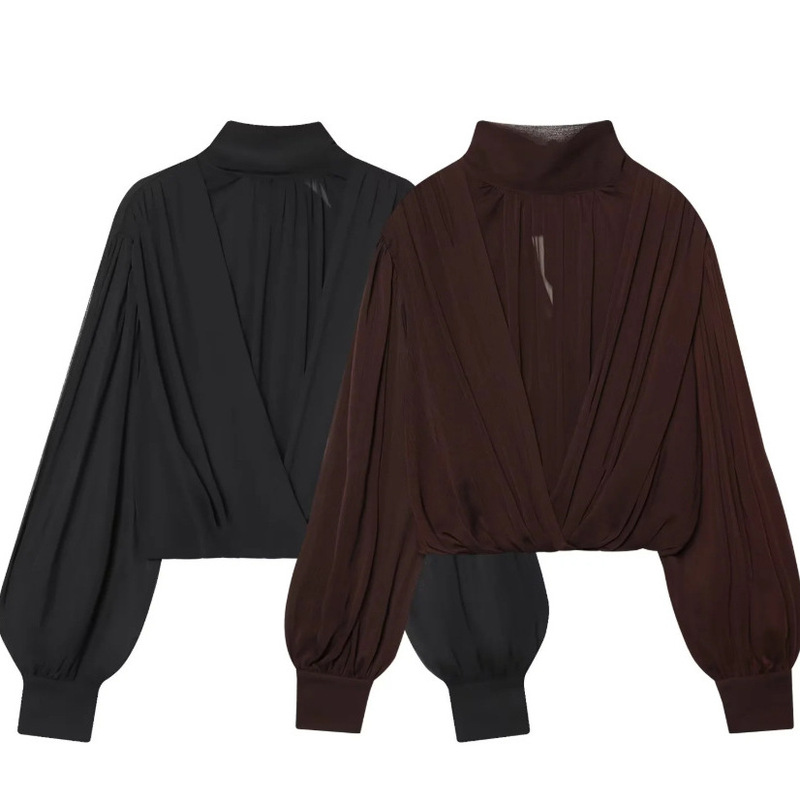 Cross-Border European and American Clothing Aliexpress Popular American Casual Pleated Translucent Balloon Style Top