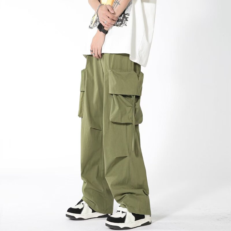 American Style Retro Summer Functional Style Loose Wide Leg Casual Pants with Large Pocket Overalls Men's Fold Pendant