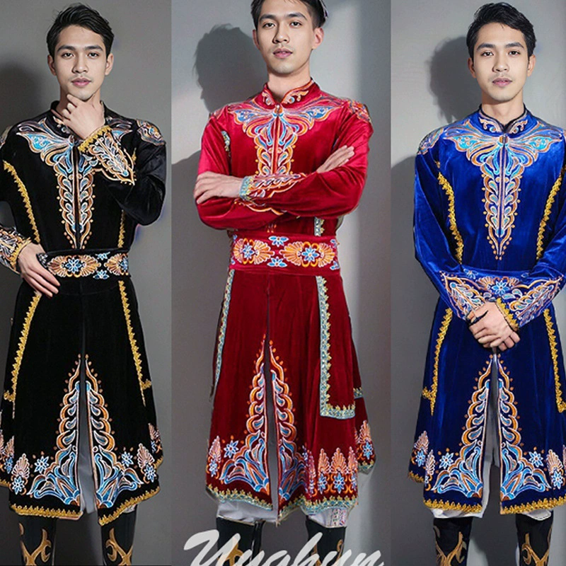 Синьцзянская мужская танцевальная одежда Золотая бархатная тяжелая вышивка длинная вышитая куртка
