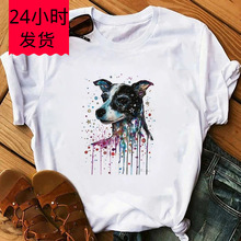 Top Print O-neck Loose Summer White Tee Watercolor painting