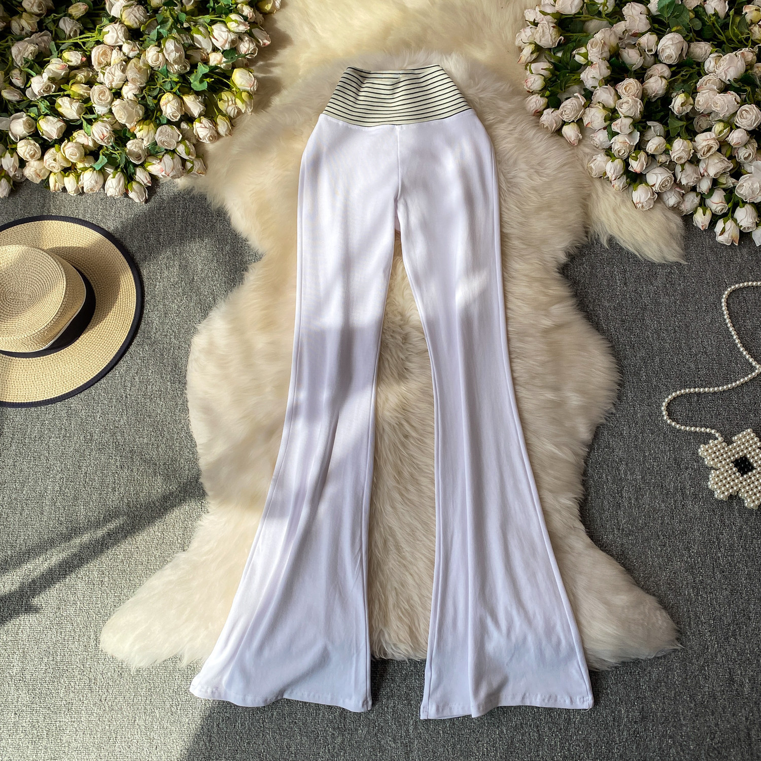 Korean Style High-Waisted Striped Flared Pants Women's Slimming Elongating Summer Bottoms Simple Stylish Polyester Capris_ecoleips.com