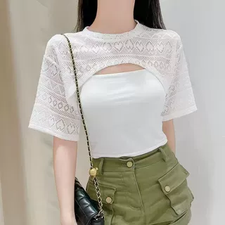 大码冰丝短袖披肩防晒罩衫女裝胖mm镂空蕾丝外搭坎肩叠穿t恤上衣