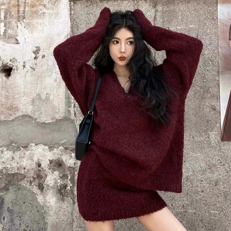 레드 레트로 V-넥 니트 스웨터 원피스 어린이 2025 새로운 이른 봄 프렌치 웨어