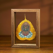 木质彩绘菩提叶摆台生肖黄财神树叶标本可定图高透玻璃摆台
