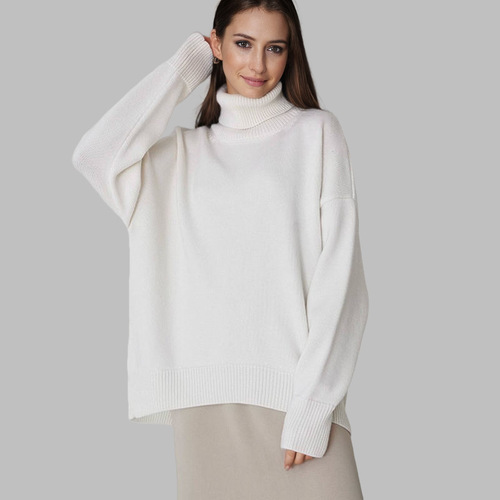 Solid Color High-Neck Sweater European and American Autumn and Winter Loose Knit Sweater Versatile Classic Women's Sweater