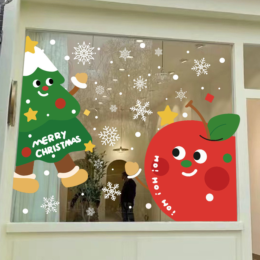 圣诞节静电贴装饰店铺苹果窗花场景氛围超市布置节日活动玻璃贴纸