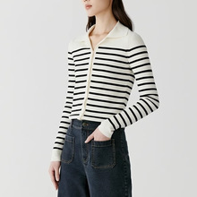 25春夏新款针织上衣超细棉羊毛黑白条纹翻领开衫上衣批发