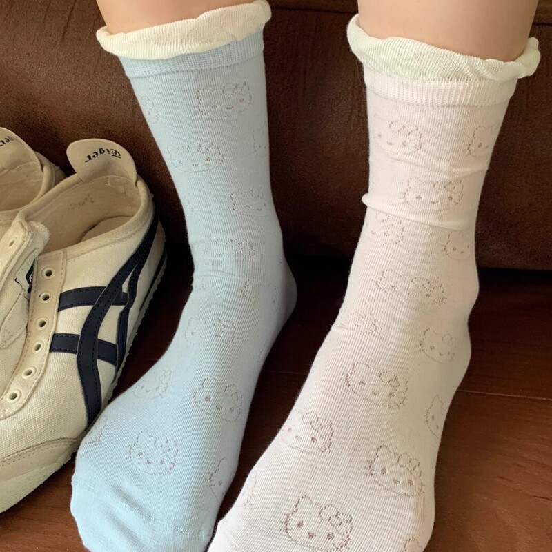 Cute Hello Kitty Full-body Hollow-out Mid-body Socks Spring and Summer Sweet Girl Bubble Edge Ins All-match Stacking Socks