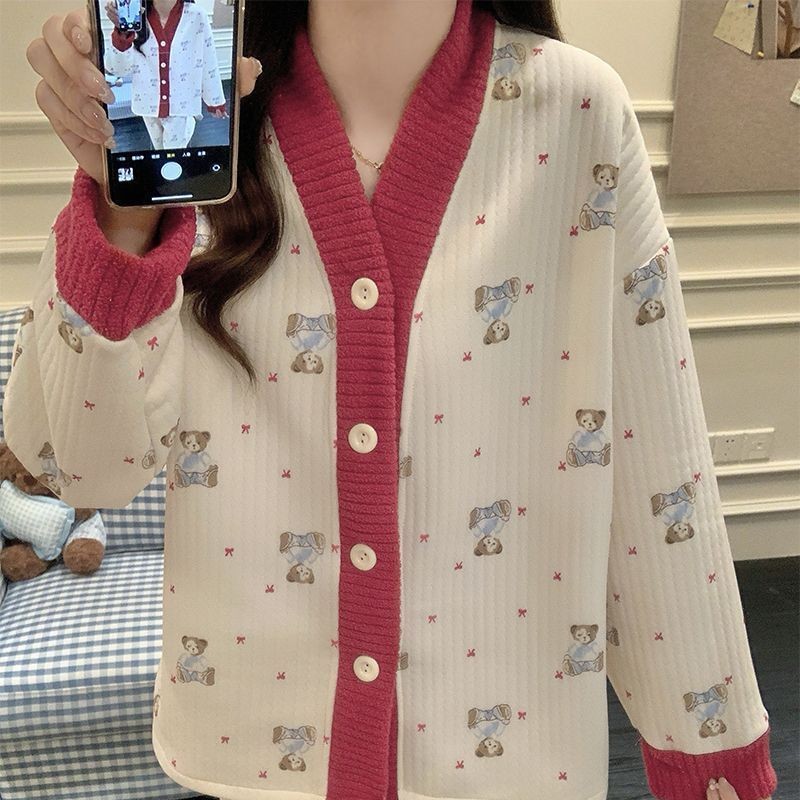 Al por mayor transfronterizo otoño y invierno nuevo pijama de mujer engrosado cardigán intercalado de aire V-cuello manga larga dulce conjunto de ropa para el hogar