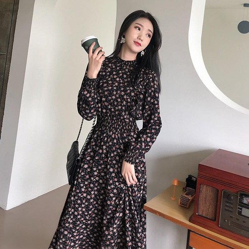 Floral chiffon dress for women, high-cold spring, autumn and winter new long-sleeved skirt, slimming, flesh-covering, outing, over-the-knee long skirt