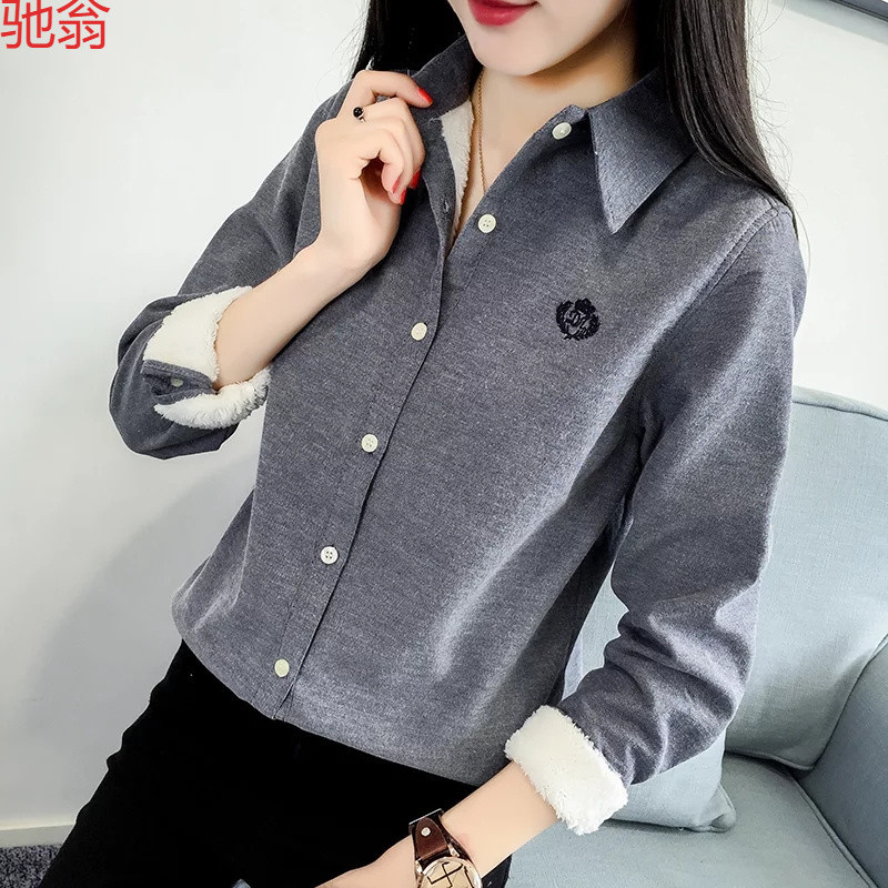Z4M2023秋冬季洋气新款韩版加绒加厚刺绣保暖长袖衬衫女打底衬衣