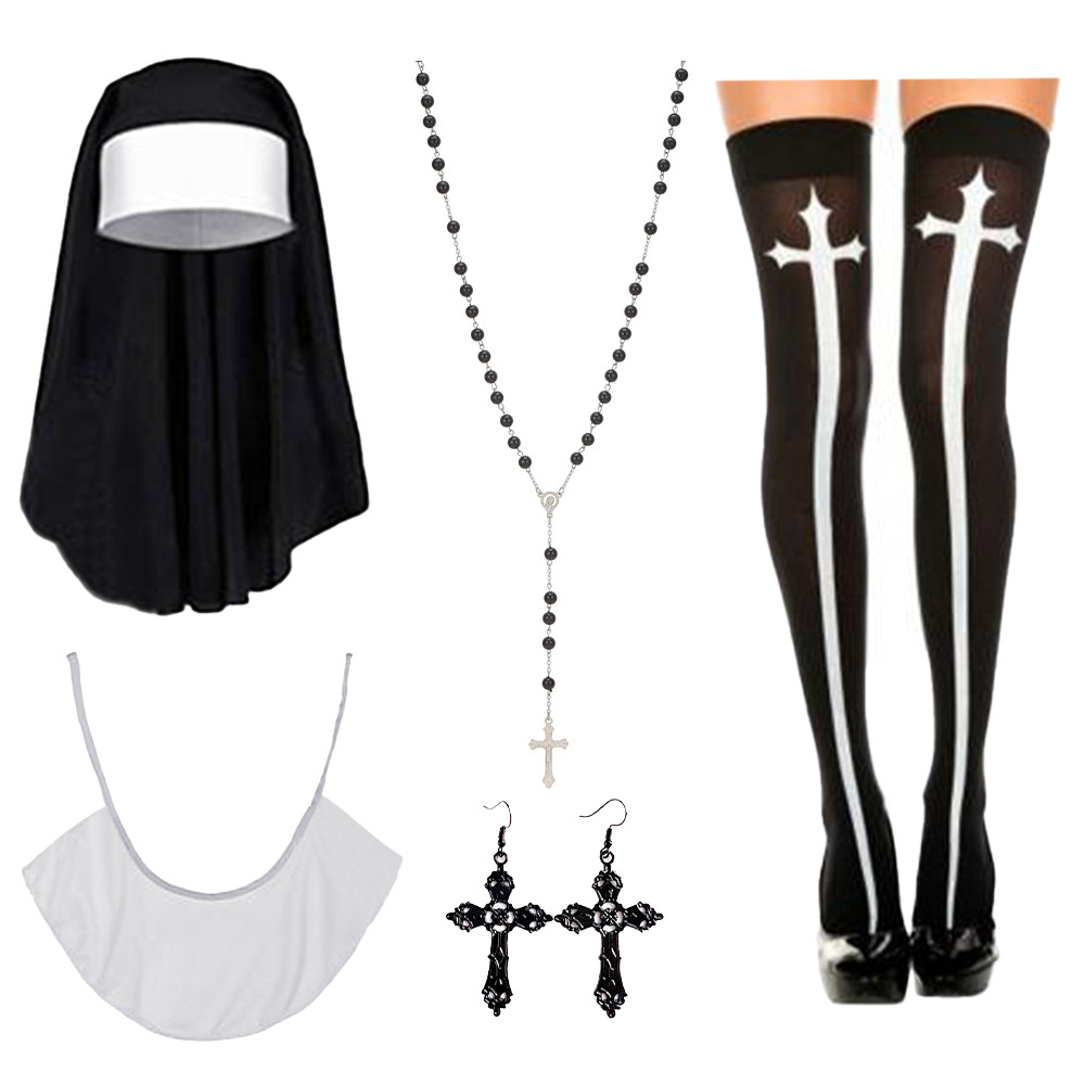 Halloween sexy cosplay monjas juegan disfraz ropa pañuelo calcetines collar crucifix set