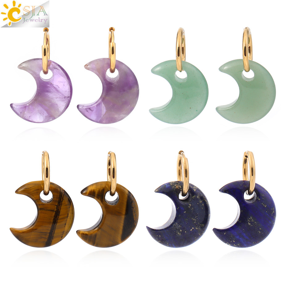 Cross-Border New Retro Simple Hong Kong Style Natural Crystal Stone Moon Earrings Crescent Earrings Wholesale