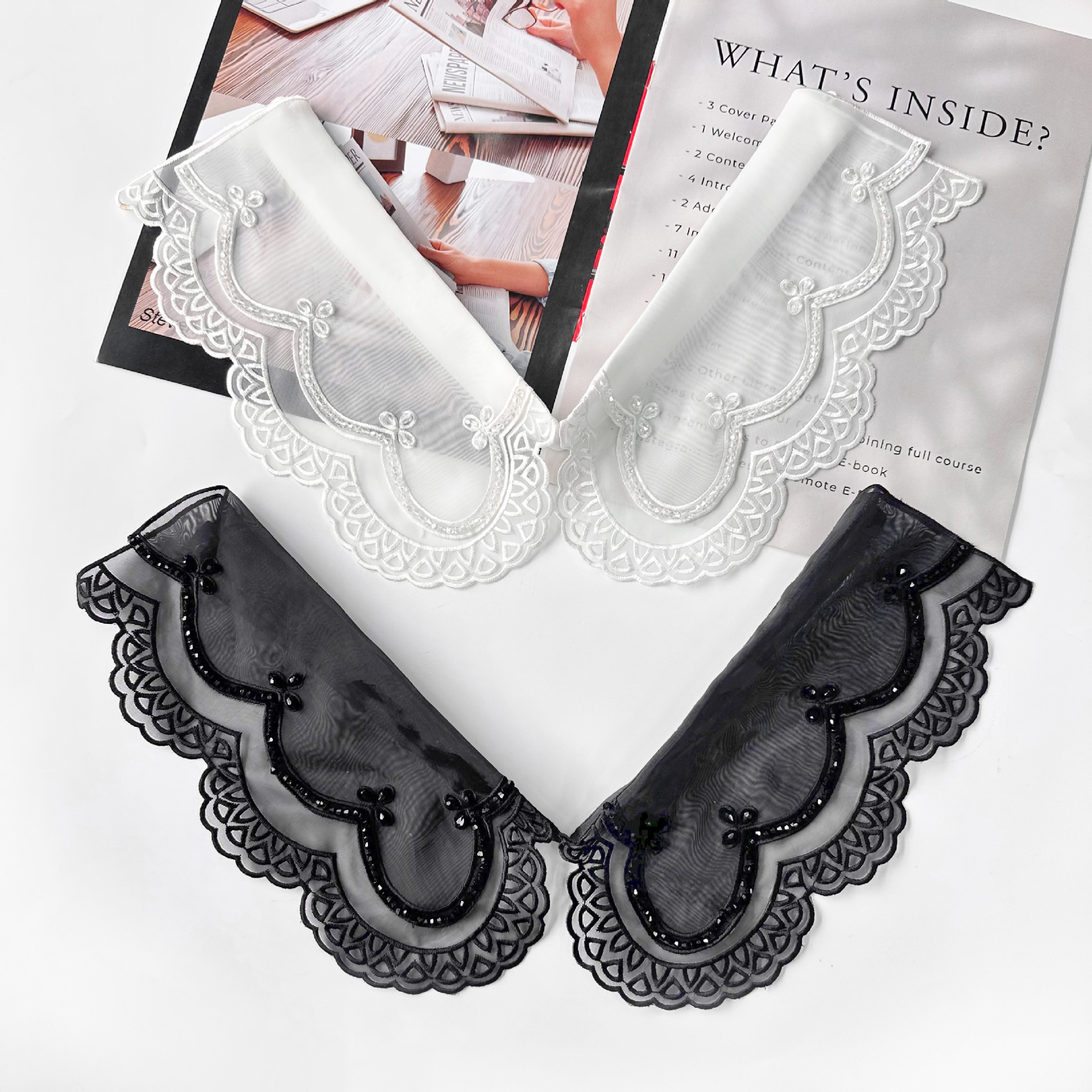 Blanco y negro clásico de encaje cuello falso de encaje delicado oganza vestido de cuello de camisa decoración de cuello falso