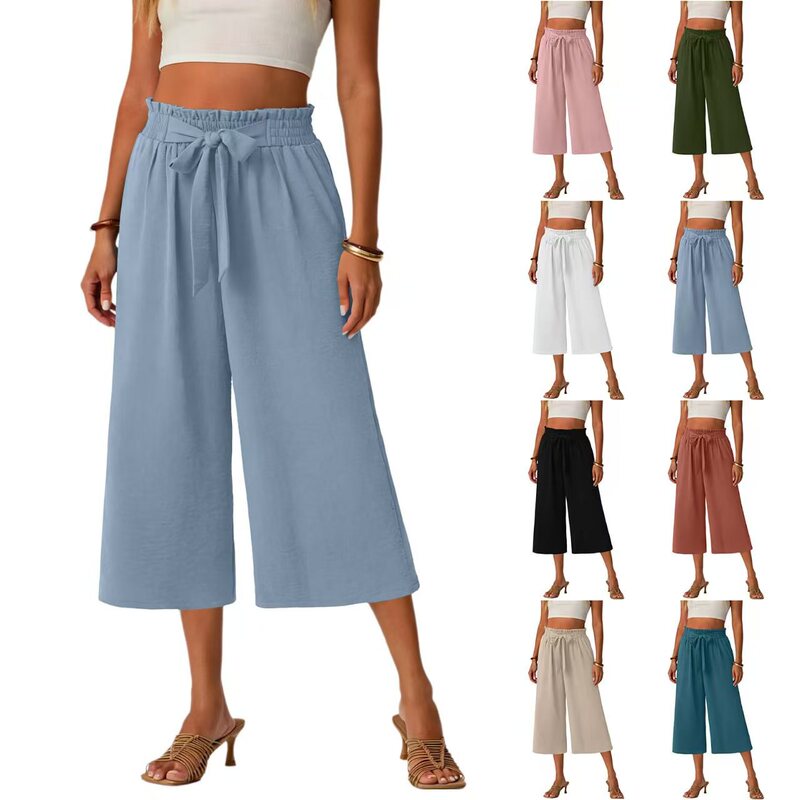 2026 New Style Women's Summer Lace-Up Solid Color Loose Straight-Leg Pants with Pockets and Lace Elastic Waist, Cropped Length 2026 New Style Women's Summer Lace-Up Solid Color Loose Straight-Leg Pants with Pockets and Lace Elastic Waist, Cropped Length