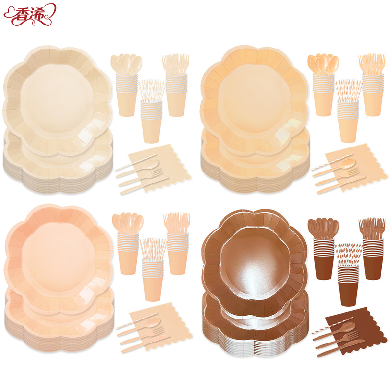 Solid color irregular-shaped lace disposable paper plates, theme party dinnerware, paper cups, paper napkins, cutlery, spoons, and decoration supplies