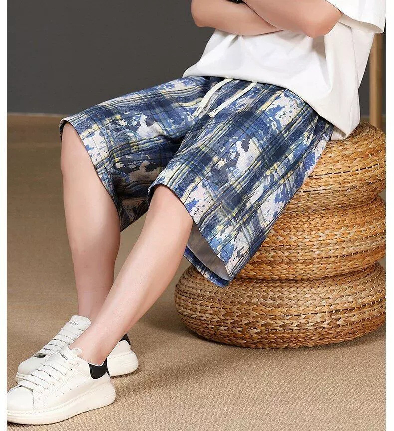 Men's Tie Dye Plaid Shorts High Street Trendy Summer Thin Casual Retro Style Loose Five Point Pants_viptrois.com