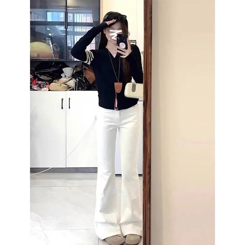 White Flared Jeans for Women, 2025 Autumn New High-Waisted Slim-Fit Versatile Stretchy Floor-Length Bell-Bottom Pants
