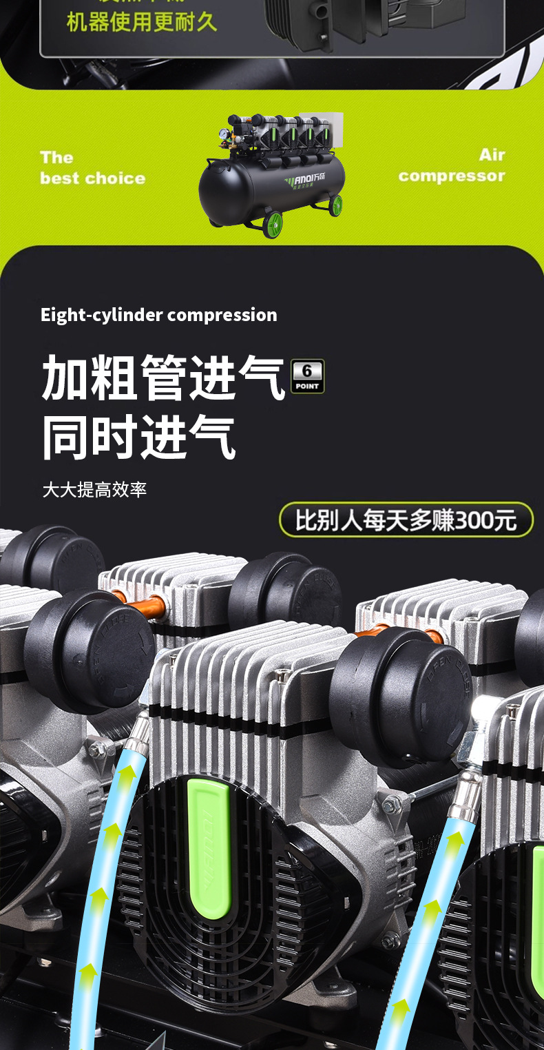 Wanqi Wq1280 Air Compressor 8-Liter Air Pump 220V Oil-Free Low-Noise Woodworking High-Pressure Silent Compressor