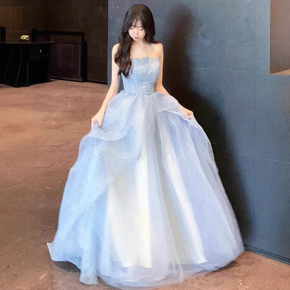 Blue Strapless Gown, Runaway Princess Fairy Dress, Coming-Of-Age Ceremony, Light Luxury, High-End Evening Dress, Host-Style, Slim Fit, Elegant