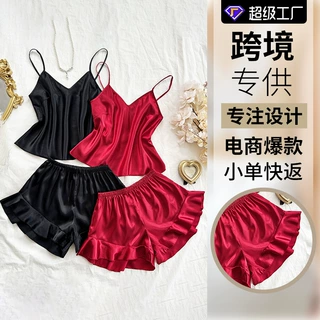 工厂夏季宽松清凉舒适薄款吊带短裤套装家居服冰丝丝绸睡衣女