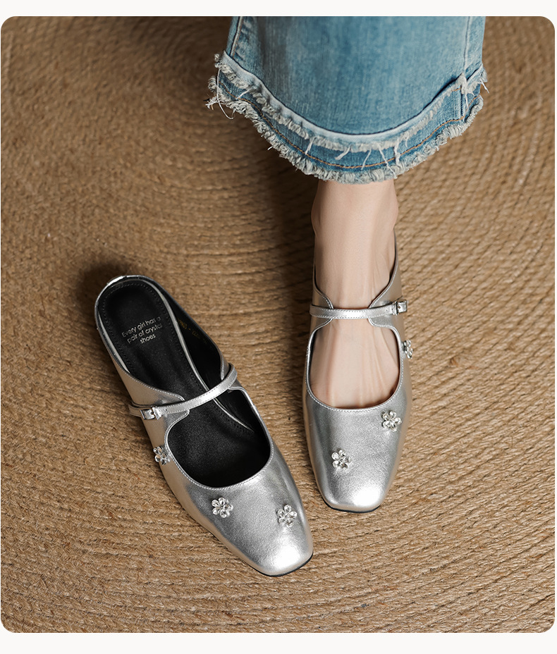 Sandal mule nữ gót thấp mũi kín đính đá pha lê màu rượu vang đỏ — Rượu vang đỏ chi tiết 12