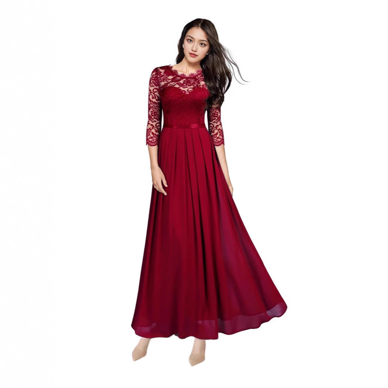 2025 Cross-Border Amazon and Aliexpress Evening Dress European Style Patchwork Chiffon Round Neck Lace Long Dress Long Sleeves