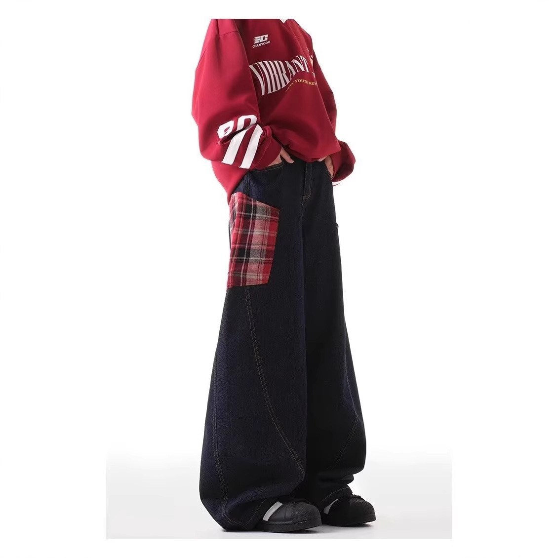 Cross-Border Retro Large Pocket Cargo Jeans for Men, Spring and Autumn Trendy Brand Red Plaid Couple Loose Wide-Leg Floor-Length Pants