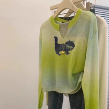 软糯慵懒风渐变绿色卡通猫咪薄款针织衫2025新款独特别致百搭上衣