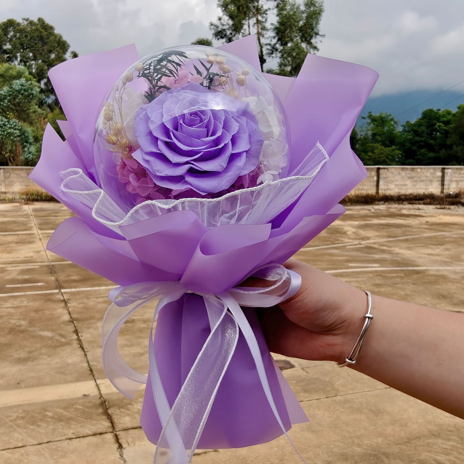 Yunnan Eternal Life Rose Bobo Ball Bouquet Caja de regalo terminada con luz Qixi San Valentín regalo hortensias ramo seco