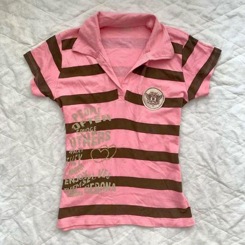 2026 Summer New Style French Color-Blocked Striped Slim-Fit Lapel Printed Casual Short-Sleeved T-Shirt Top 2026 Summer New Style French Color-Blocked Striped Slim-Fit Lapel Printed Casual Short-Sleeved T-Shirt Top