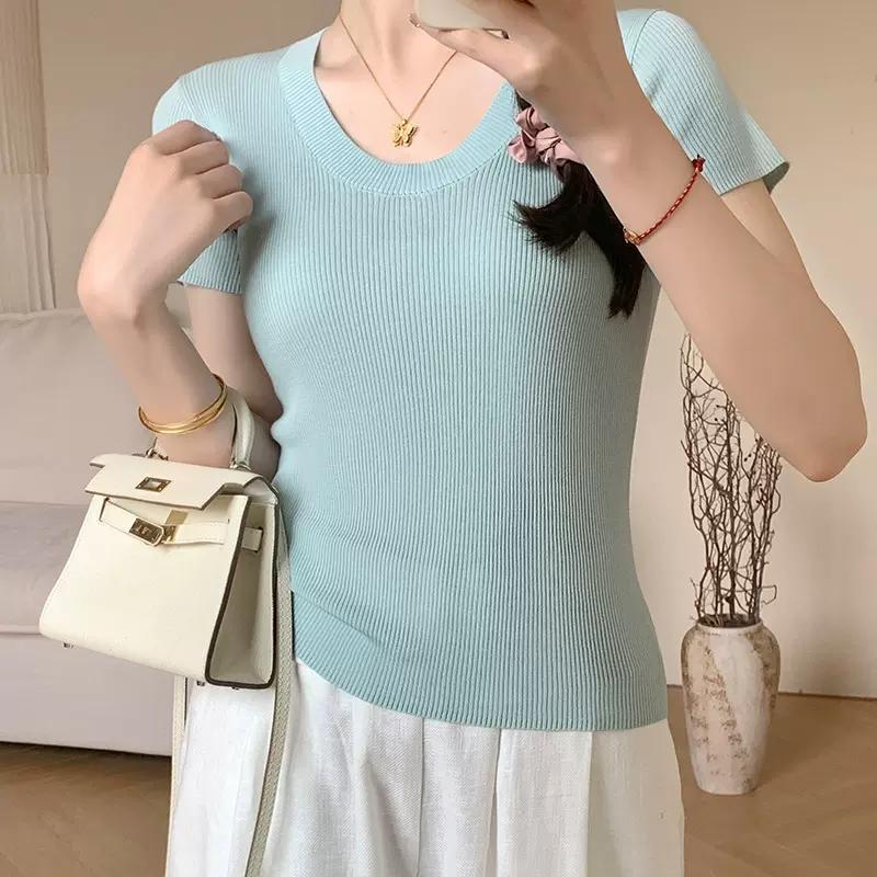 薄荷绿桑蚕丝短袖女t恤新款百搭正肩天丝T恤轻薄高弹U领上衣女夏