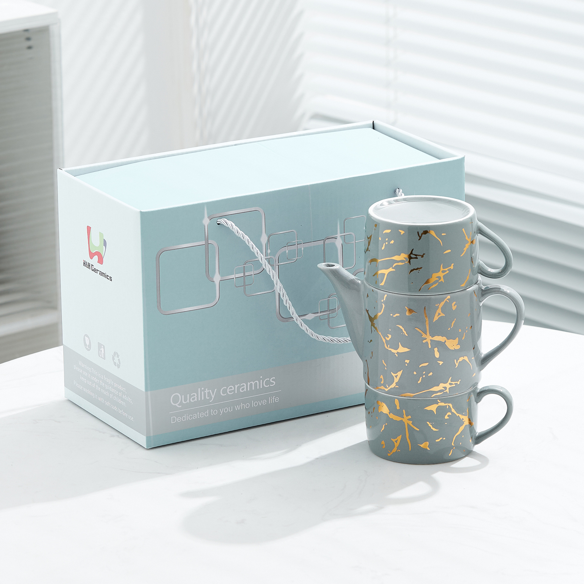 Oro marbling flor juego de té Nordic ins juego de té traje Luz de lujo tarde juego de té caja de regalo embalaje