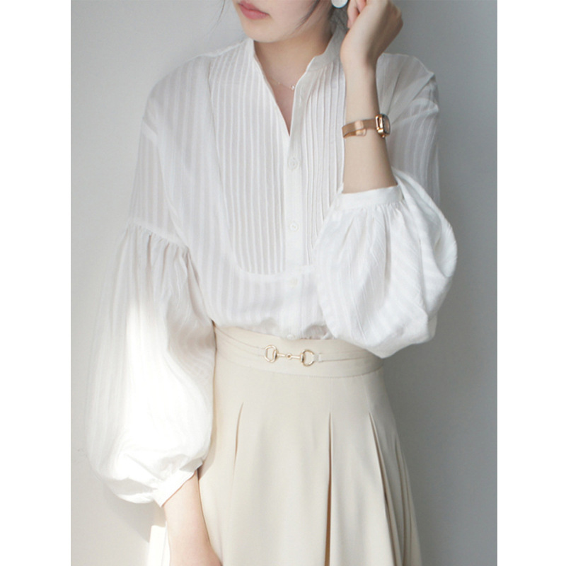 2025 Spring and Autumn New French Retro Elegant Temperament Dark Vertical Stripe Pit Pleated Stand Collar Lantern Sleeve White Shirt for Women