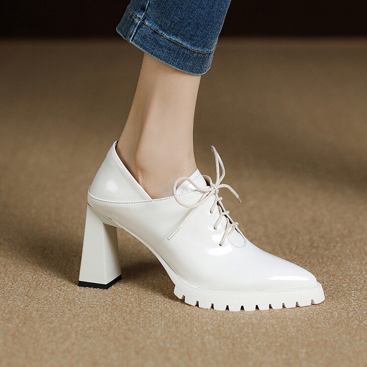 2025 Spring New Pointed Toe Chunky Heel High Heel Lace-Up Single Shoes Black Blue White Cowhide Fashion Women's Shoes Cross-Border