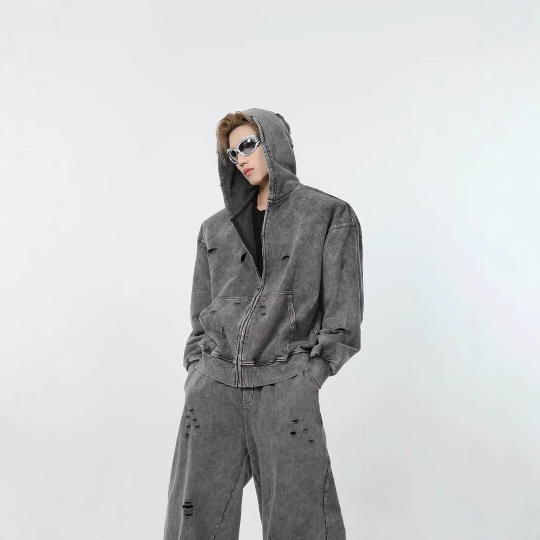 Amazon nuevo agujero sudadera con capuz hombre lavado con agua pesado suelto versátil pareja retro la misma camisa de moda