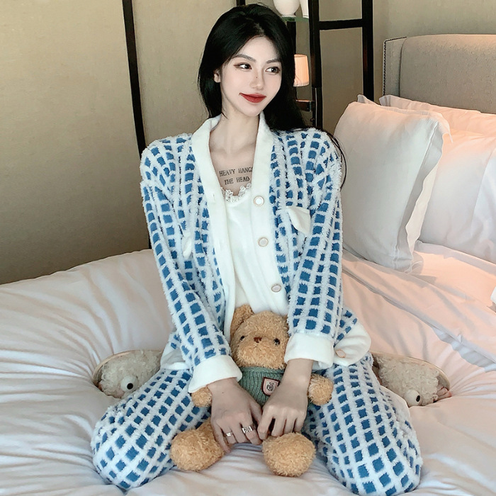 De alta calidad de tela escocesa de lana en línea popular de otoño e invierno de las mujeres de la Honda chaqueta de manga larga de tres piezas pijamas traje de desgaste para el hogar