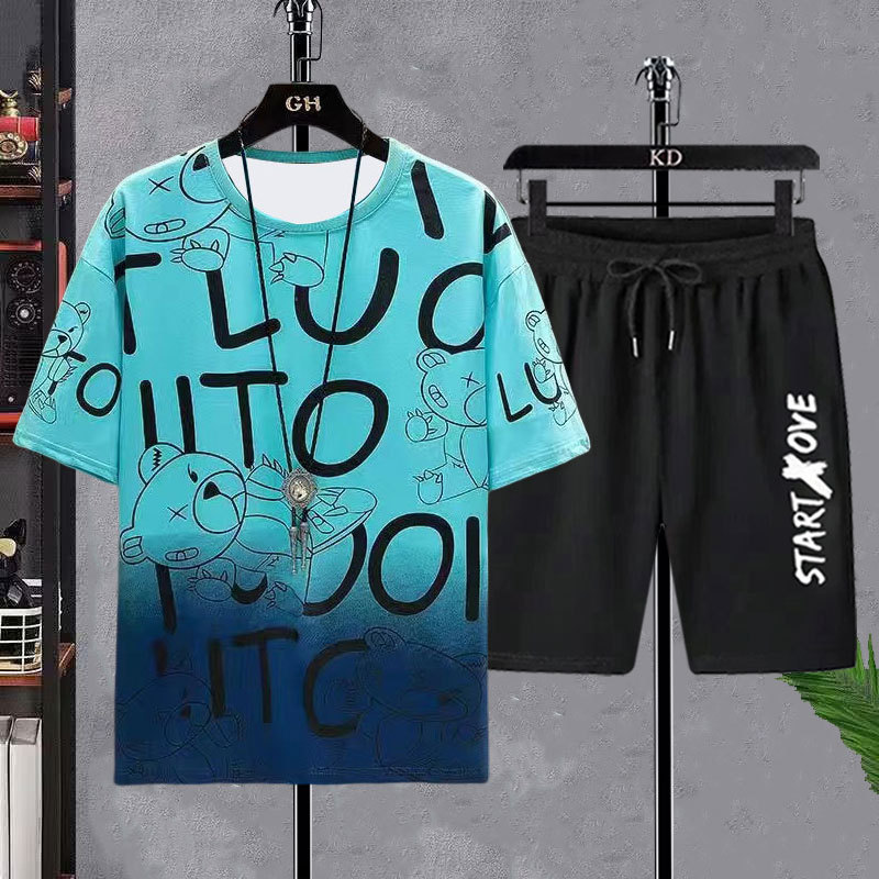 Nuevo traje de degradado de seda de hielo de secado rápido, camiseta de manga corta para hombre, pantalones cortos casuales de verano, traje deportivo de dos piezas al por mayor de fábrica